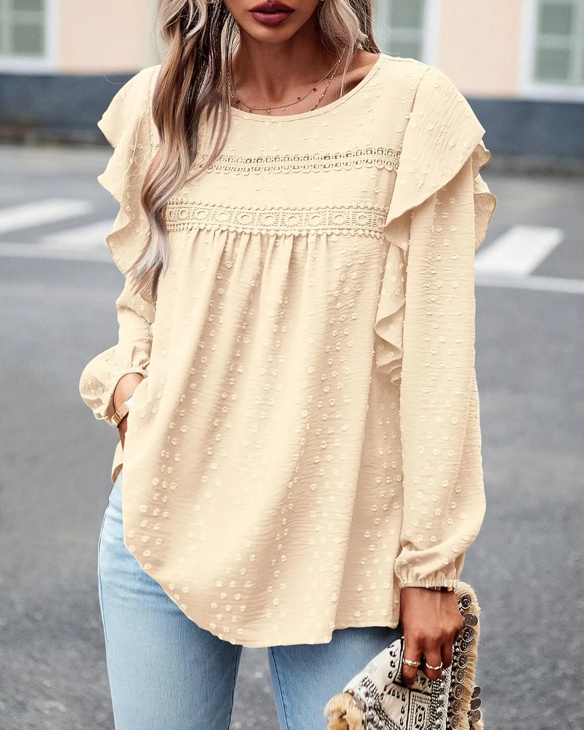 BTFBM Long Sleeve Swiss Dot Blouses for Women Dressy Casual Spring Fall Crewneck Boho Western Shirts Business Work Tops