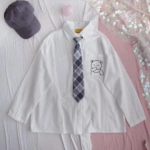 Buttoned Shirt With Bear Print And Plaid Tie