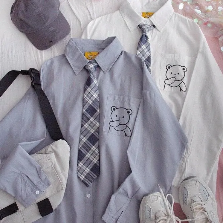 Buttoned Shirt With Bear Print And Plaid Tie