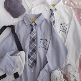 Buttoned Shirt With Bear Print And Plaid Tie