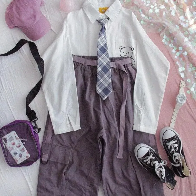 Buttoned Shirt With Bear Print And Plaid Tie