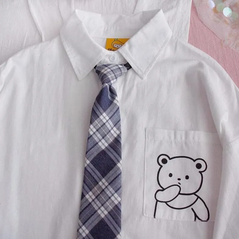 Buttoned Shirt With Bear Print And Plaid Tie