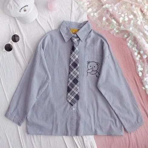 Buttoned Shirt With Bear Print And Plaid Tie