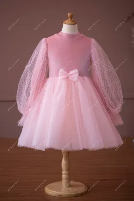 Candy Pink Velvet Dot Tulle Tea Length Flower Girl Dress For Wedding
