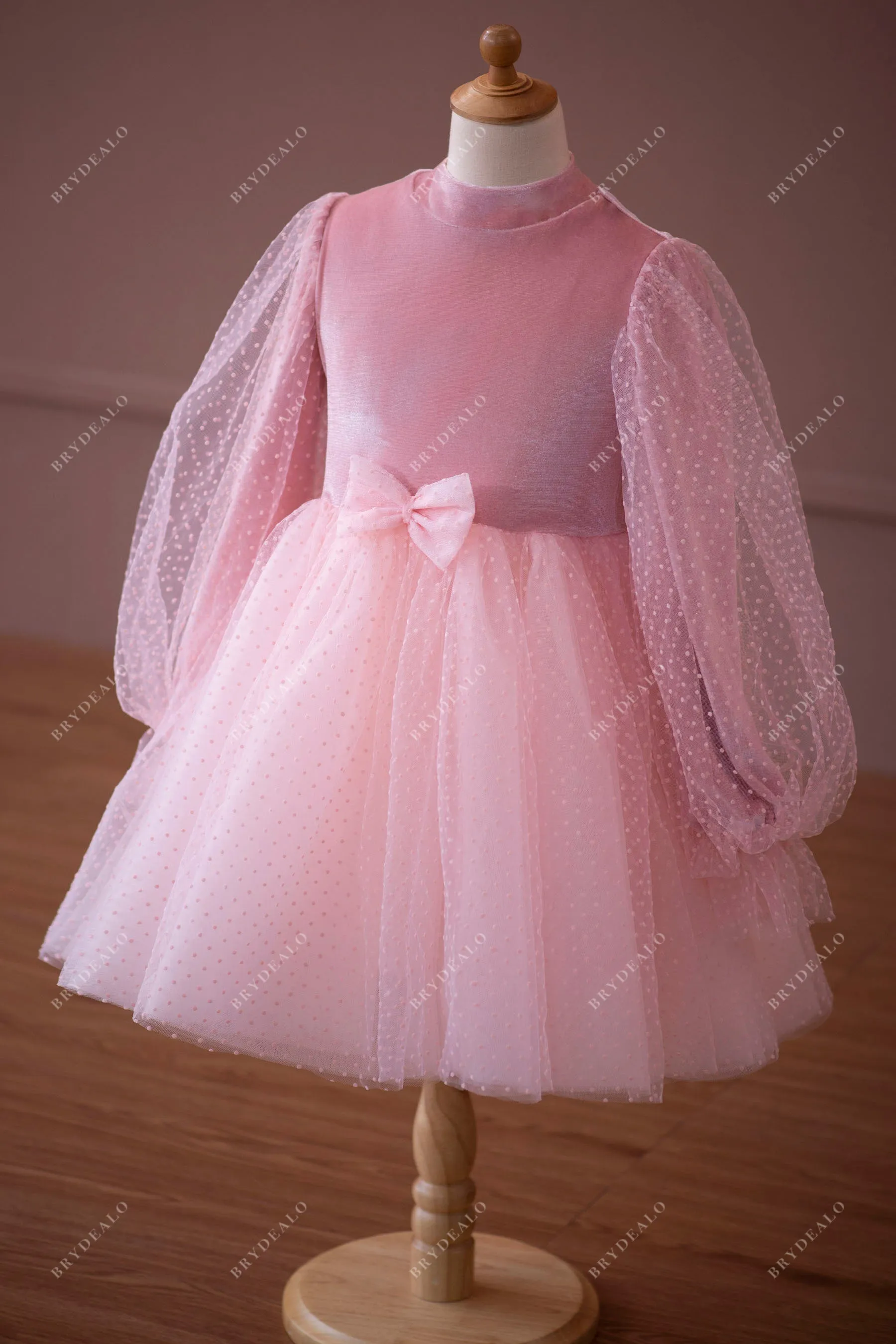 Candy Pink Velvet Dot Tulle Tea Length Flower Girl Dress For Wedding