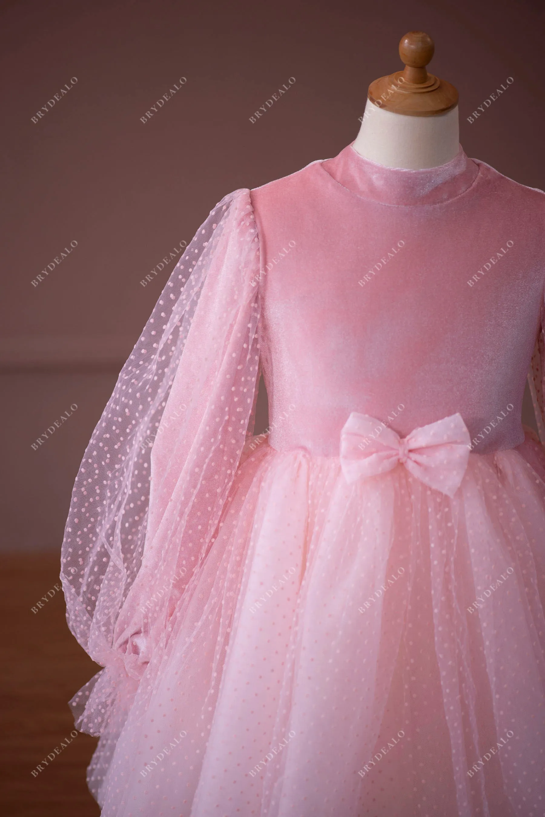 Candy Pink Velvet Dot Tulle Tea Length Flower Girl Dress For Wedding