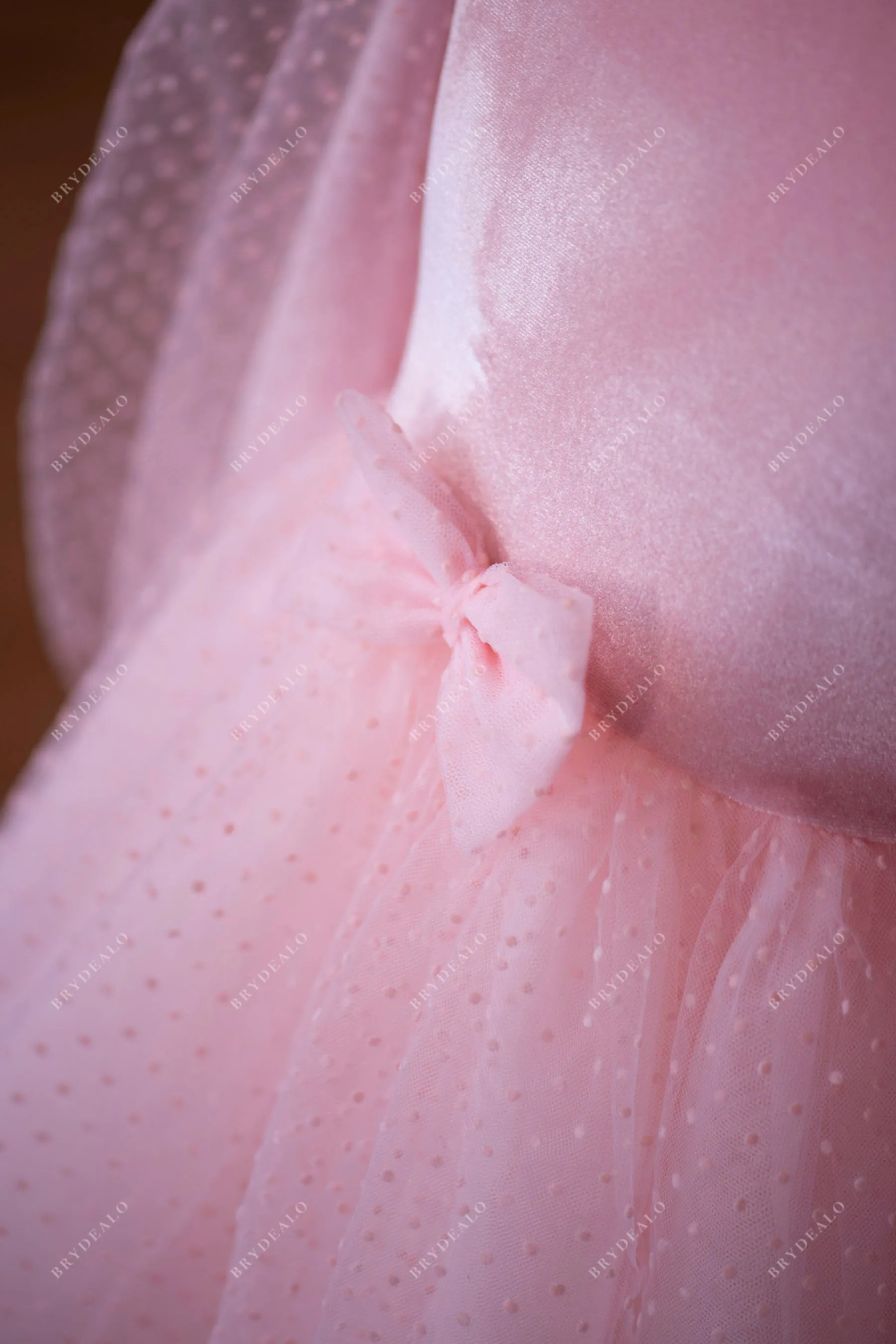 Candy Pink Velvet Dot Tulle Tea Length Flower Girl Dress For Wedding