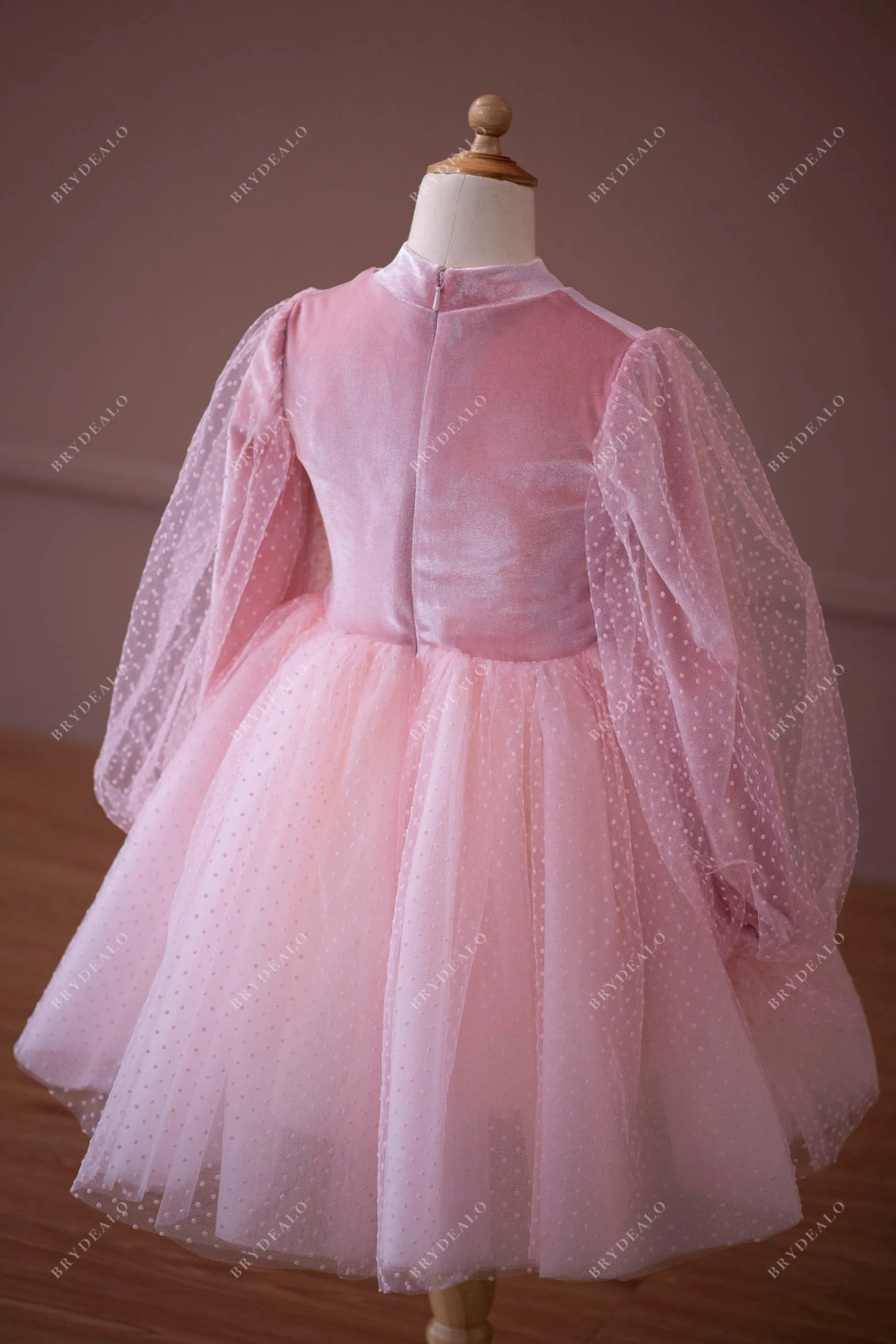 Candy Pink Velvet Dot Tulle Tea Length Flower Girl Dress For Wedding