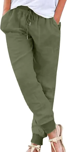 Ceboyel Women Summer Linen Pants Drawstring Beach Pants Lightweight High Waist Baggy Trouser Boho Ladies Clothes with Pockets