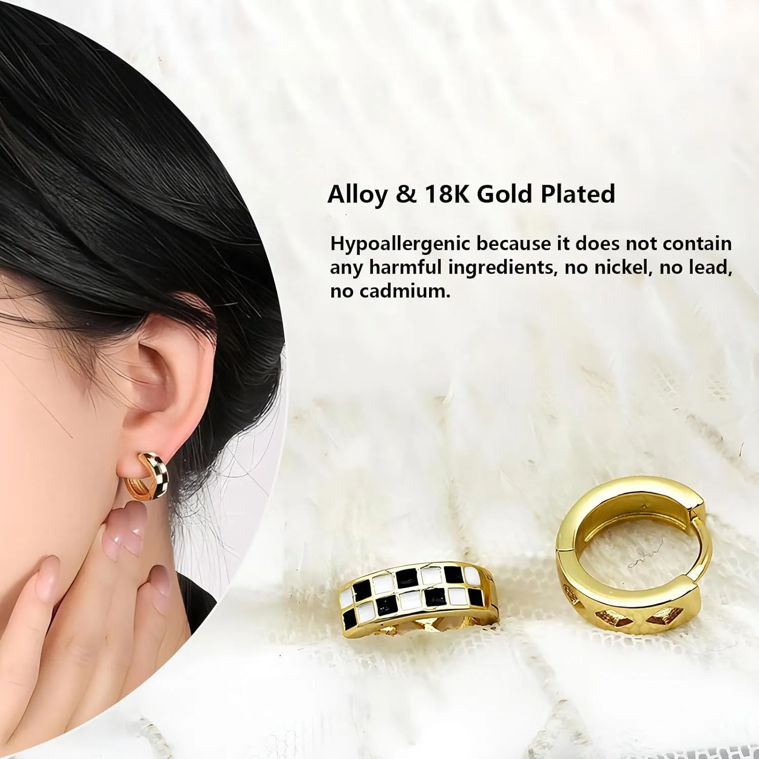 Checkered Earring For Women, Dainty Circle Checker Hoop Earrings, 18K Gold Plated Filled Enamel Checker Hoop Round Earrings, Hypoallergenic Fashion Trendy Jewelry Gifts