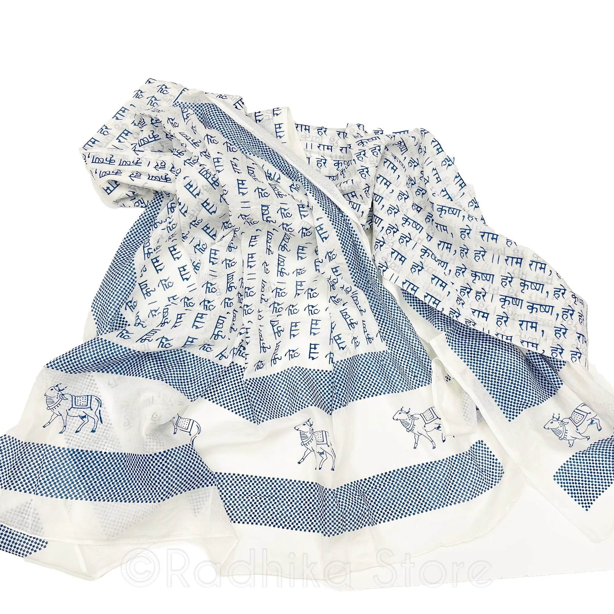 Checkered Pin Dot-Blue  -  Maha Mantra Chadar - With Vrindavan Cows