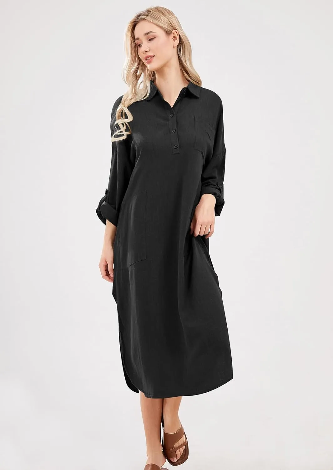 chouyatou Women's Spring Summer Cotton Linen Shirt Dress Button Down Casual Loose Maxi Shift Dress