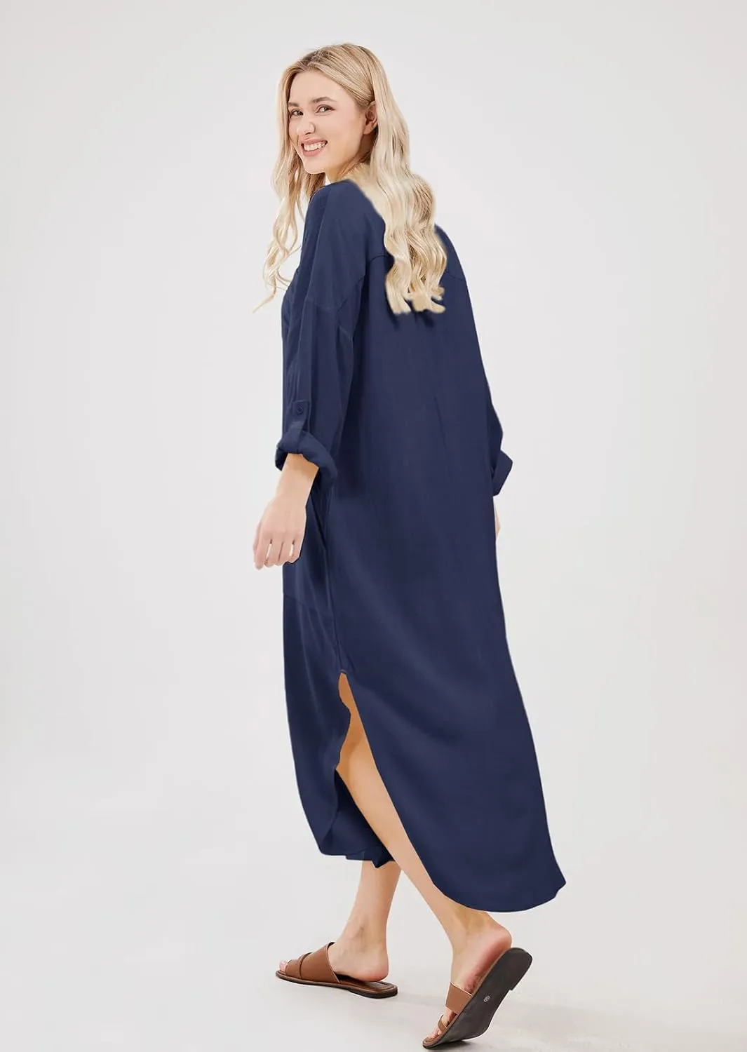 chouyatou Women's Spring Summer Cotton Linen Shirt Dress Button Down Casual Loose Maxi Shift Dress