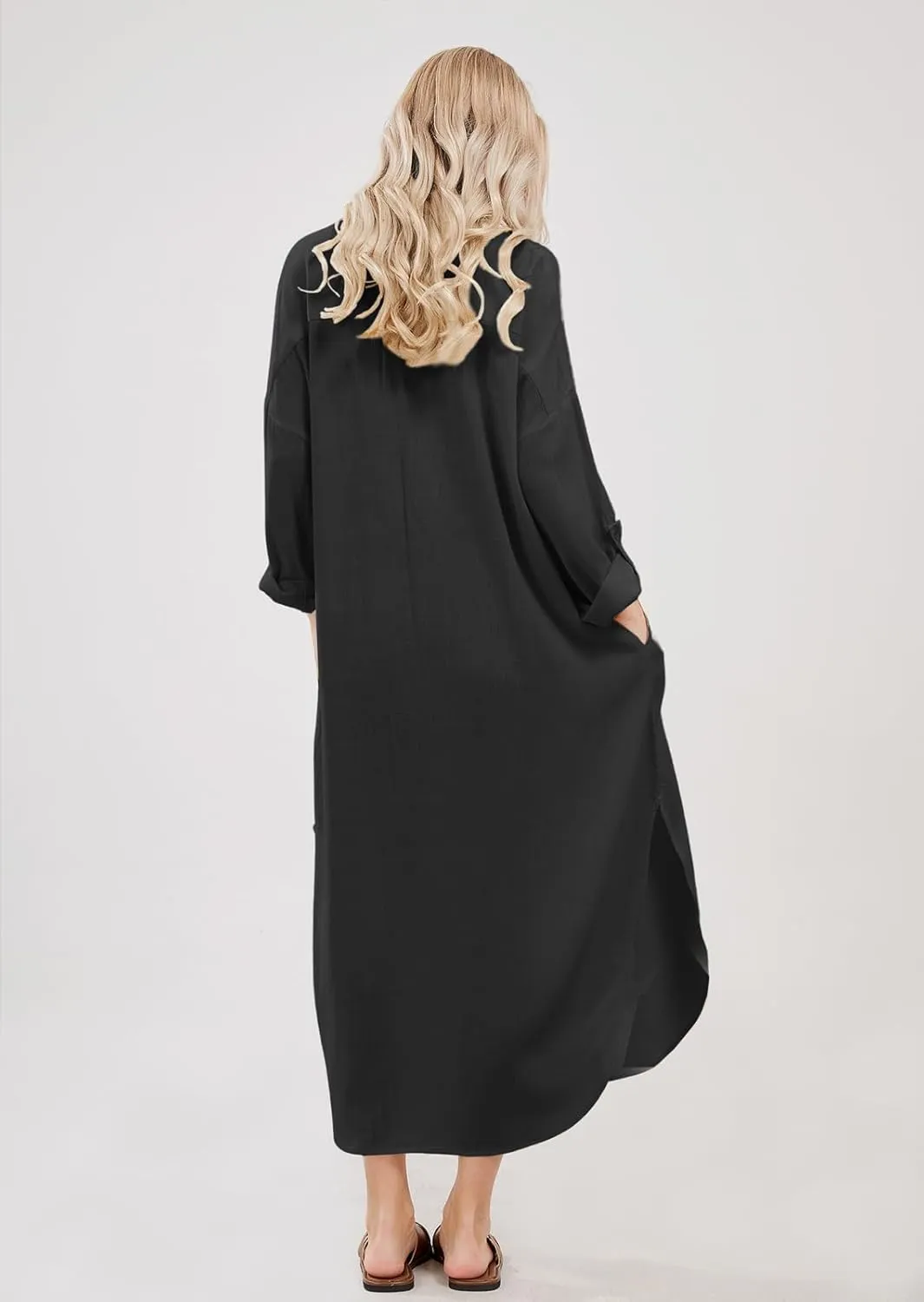 chouyatou Women's Spring Summer Cotton Linen Shirt Dress Button Down Casual Loose Maxi Shift Dress