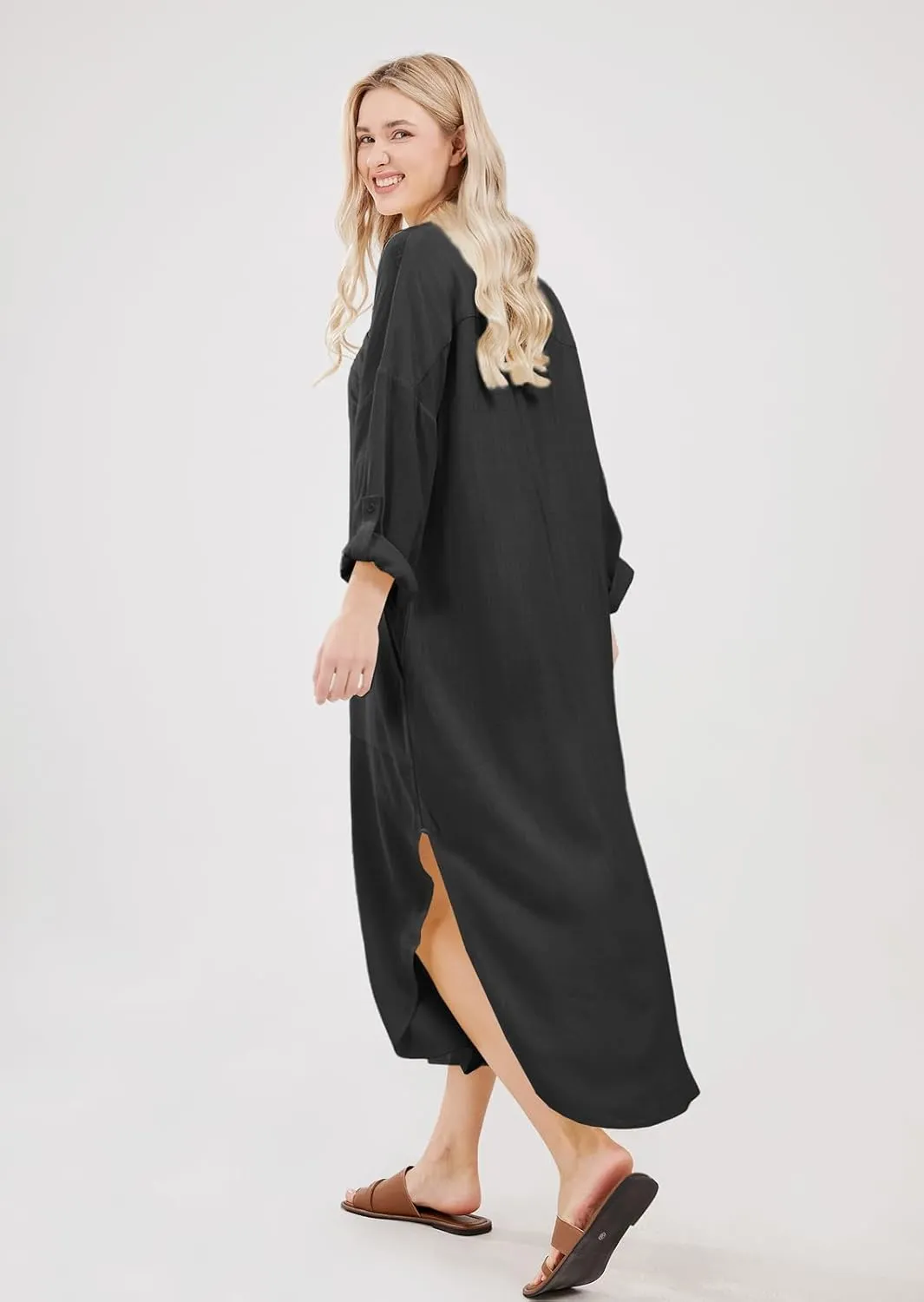 chouyatou Women's Spring Summer Cotton Linen Shirt Dress Button Down Casual Loose Maxi Shift Dress