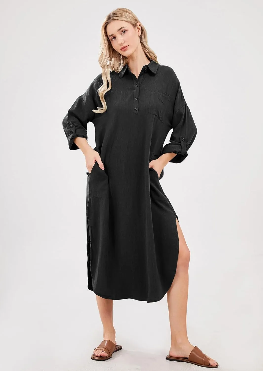 chouyatou Women's Spring Summer Cotton Linen Shirt Dress Button Down Casual Loose Maxi Shift Dress