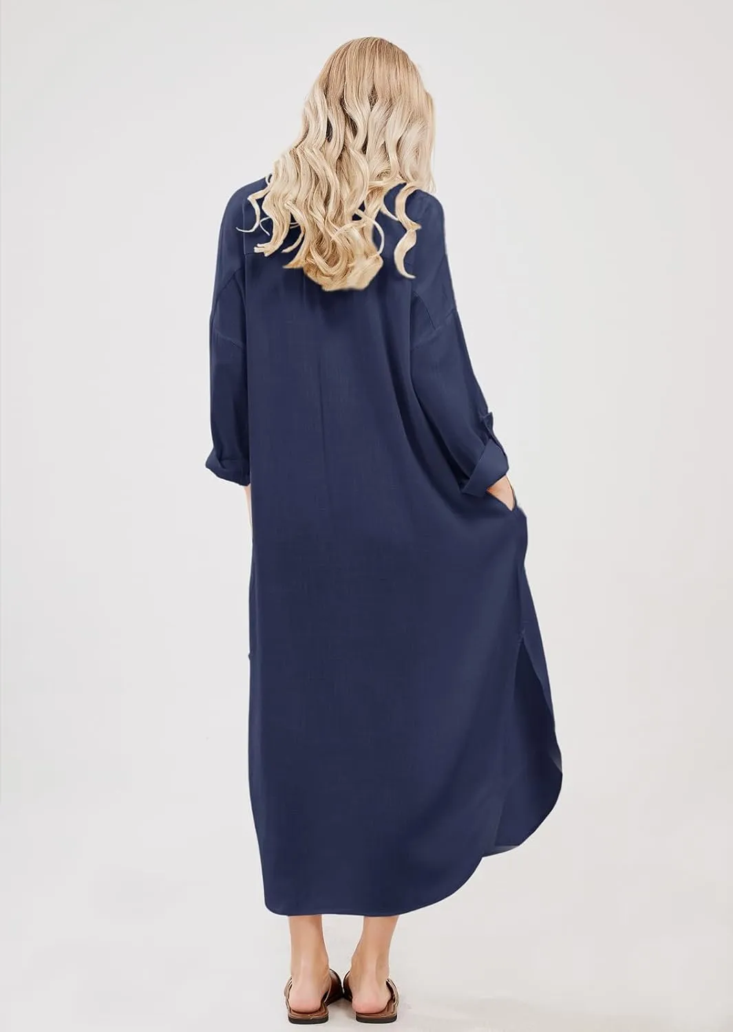 chouyatou Women's Spring Summer Cotton Linen Shirt Dress Button Down Casual Loose Maxi Shift Dress