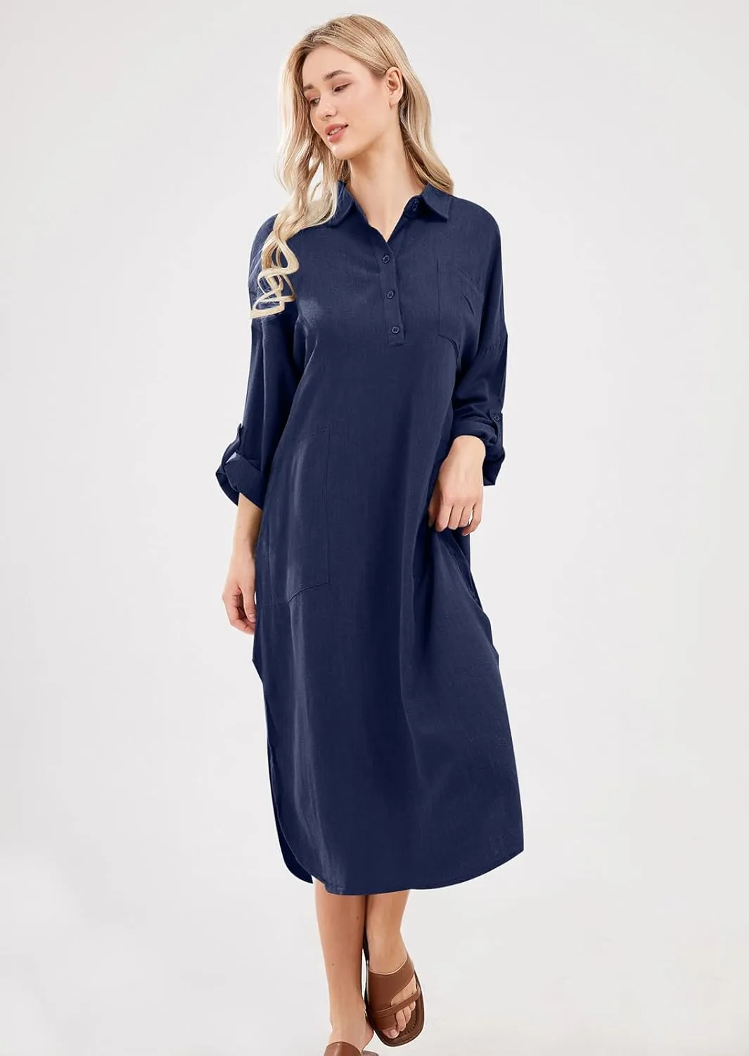 chouyatou Women's Spring Summer Cotton Linen Shirt Dress Button Down Casual Loose Maxi Shift Dress