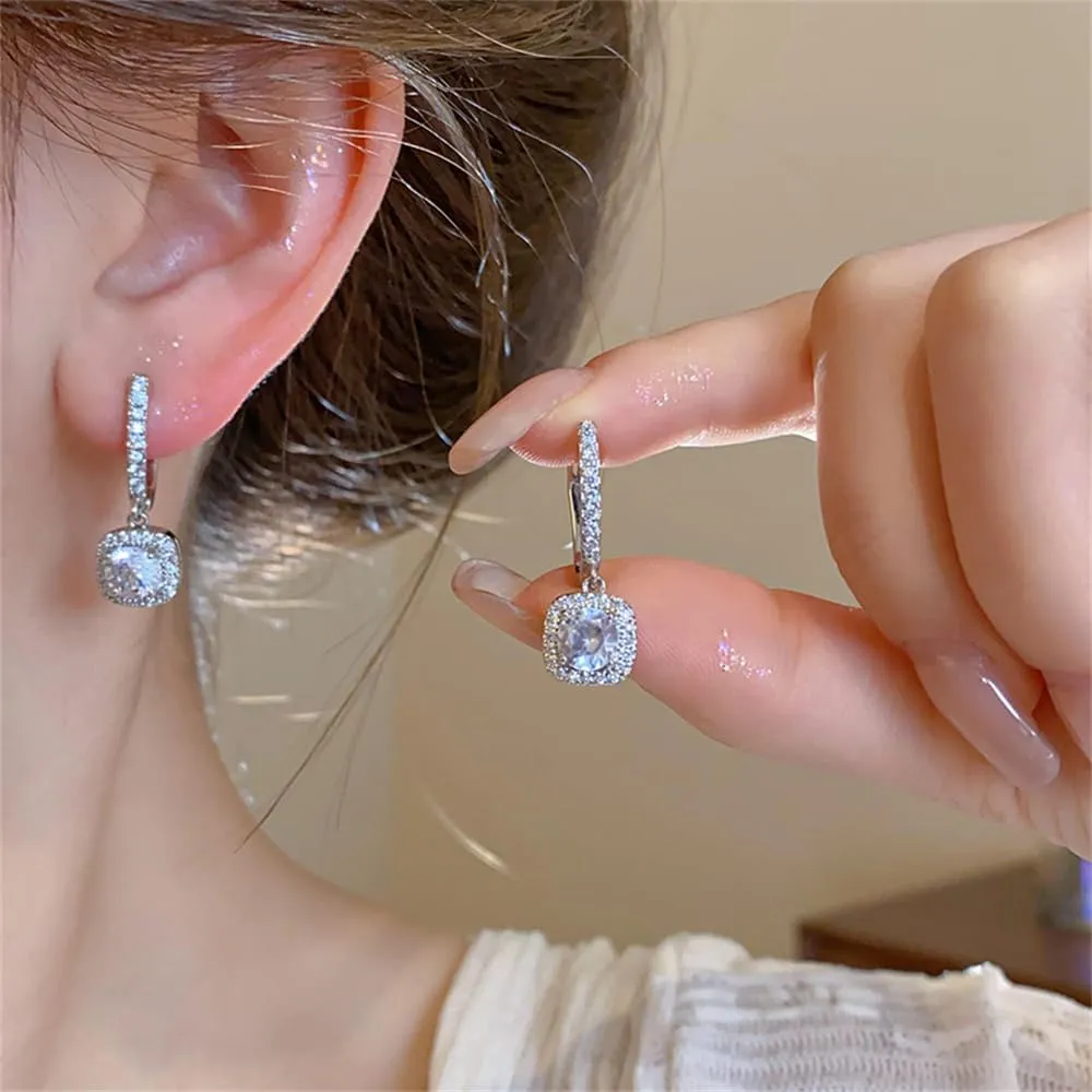 Classic Cubic Zirconia Dangle Hoop Earrings for Women Girls 18K White Gold Plated Princess Cut Square Halo CZ Charms Drop Dangling Leverback Stud Dainty Birthday Wedding Anniversary Jewelry Gifts