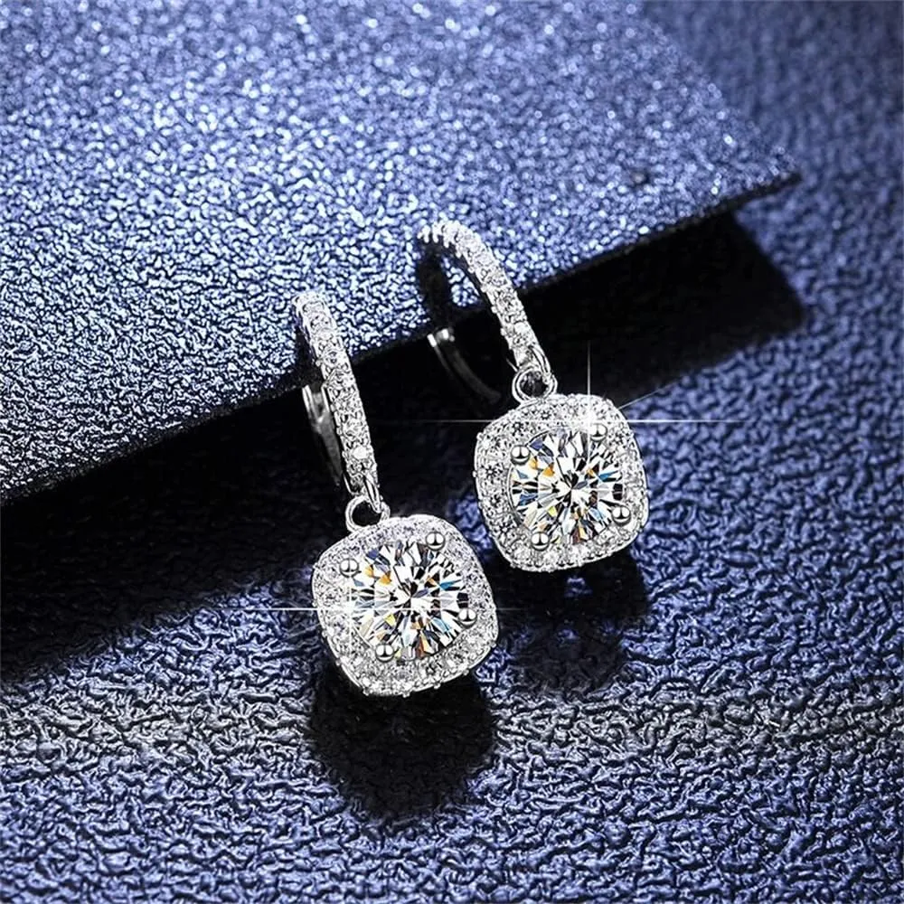 Classic Cubic Zirconia Dangle Hoop Earrings for Women Girls 18K White Gold Plated Princess Cut Square Halo CZ Charms Drop Dangling Leverback Stud Dainty Birthday Wedding Anniversary Jewelry Gifts