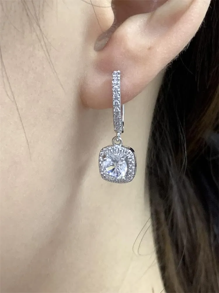 Classic Cubic Zirconia Dangle Hoop Earrings for Women Girls 18K White Gold Plated Princess Cut Square Halo CZ Charms Drop Dangling Leverback Stud Dainty Birthday Wedding Anniversary Jewelry Gifts