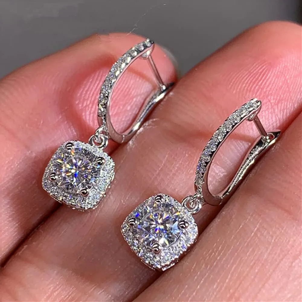 Classic Cubic Zirconia Dangle Hoop Earrings for Women Girls 18K White Gold Plated Princess Cut Square Halo CZ Charms Drop Dangling Leverback Stud Dainty Birthday Wedding Anniversary Jewelry Gifts