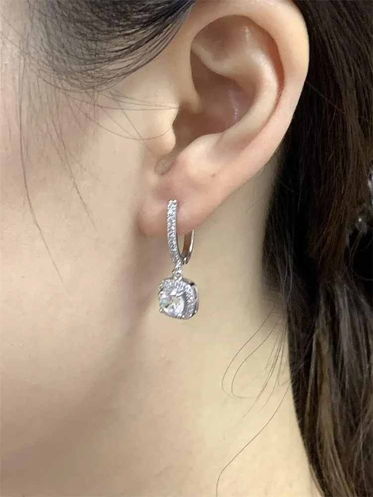 Classic Cubic Zirconia Dangle Hoop Earrings for Women Girls 18K White Gold Plated Princess Cut Square Halo CZ Charms Drop Dangling Leverback Stud Dainty Birthday Wedding Anniversary Jewelry Gifts