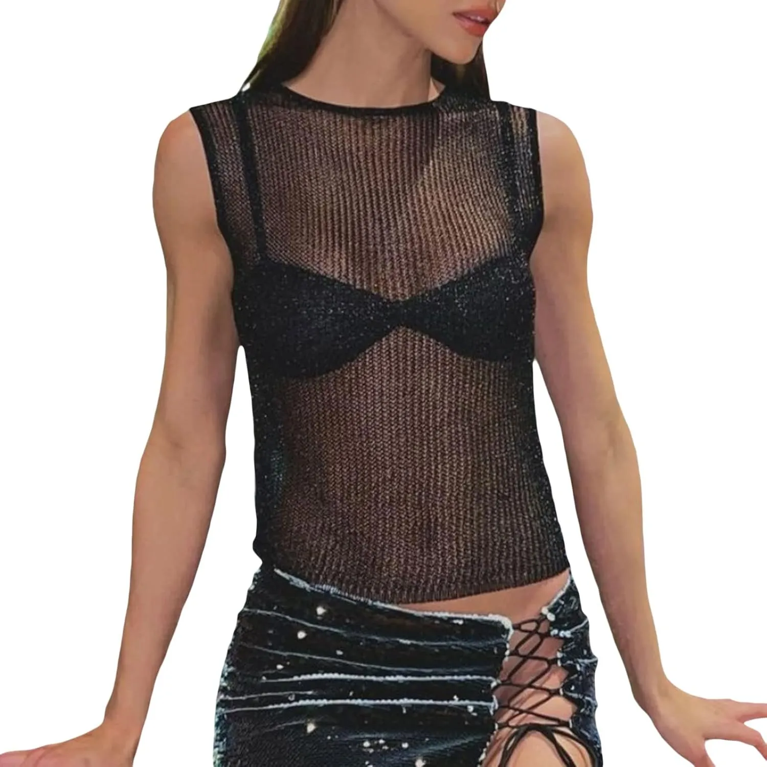 cochineal Y2k Sequin Tank Top for Women Sexy Sleeveless Sparkly Glitter Crop Cami Slim Fit Going Out Party Club Vest Shirt