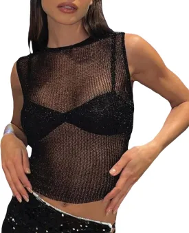 cochineal Y2k Sequin Tank Top for Women Sexy Sleeveless Sparkly Glitter Crop Cami Slim Fit Going Out Party Club Vest Shirt