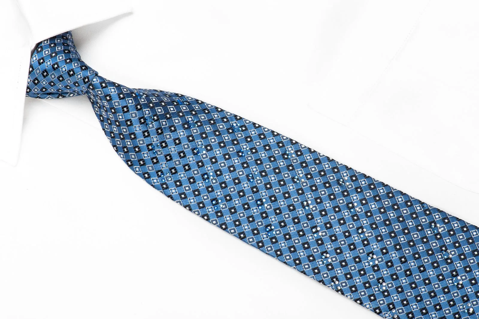 Crocodile Mens Crystal Silk Necktie Blue Checkered Sparkling With Rhinestones