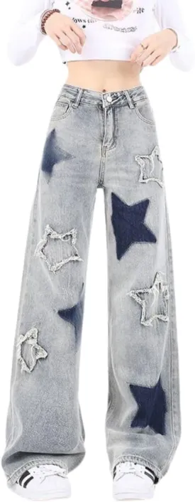 Cute Jeans for Women Girls Star Patchwork Pants Y2K High Waisted Straight Leg Baggy Jean Casual Preppy Clothes