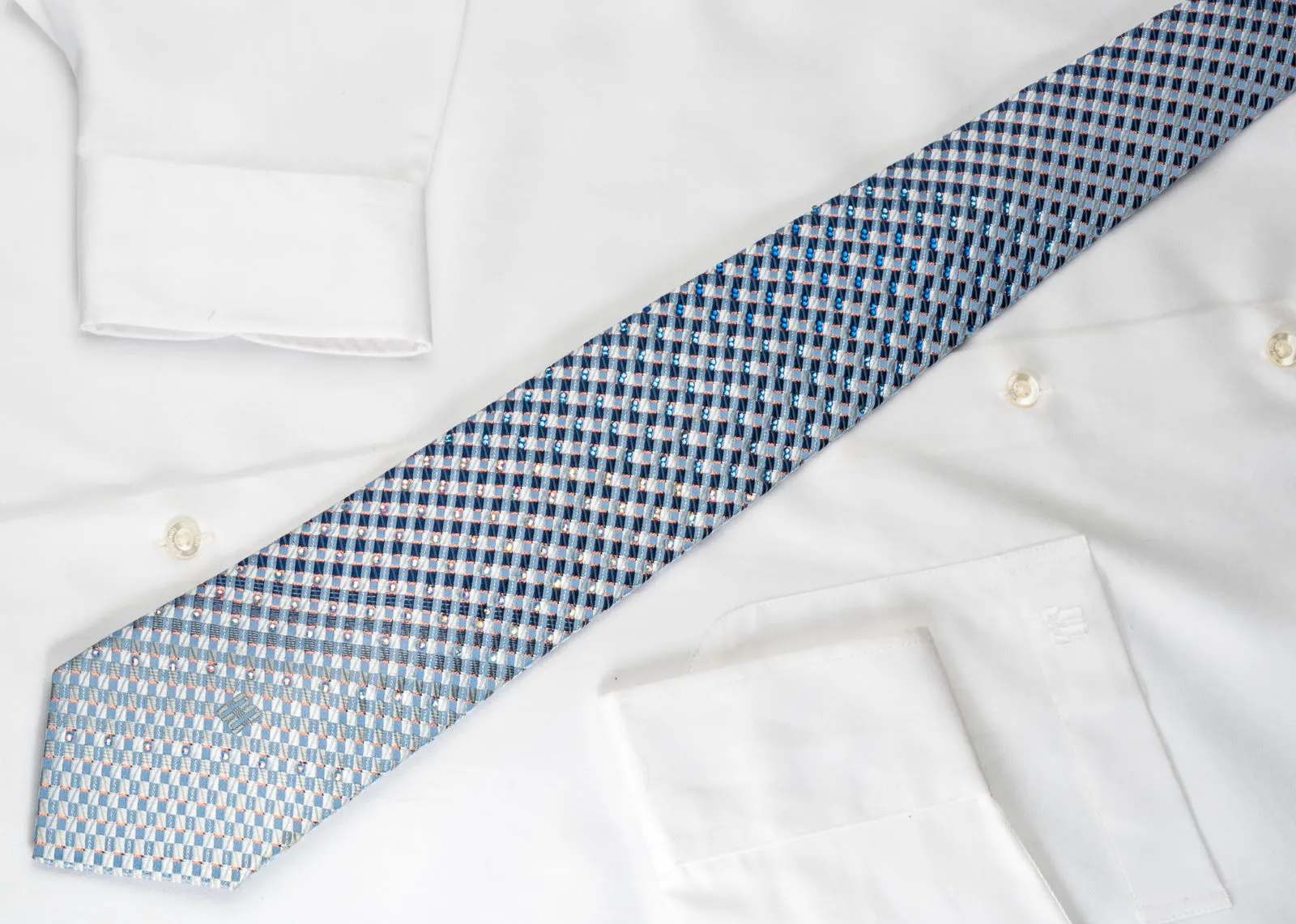 Daks Silk Bling Rhinestone Tie Blue Checkered With Sparkles