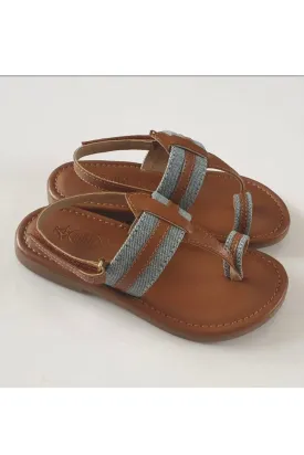 Denim and tan kolhapuri flats