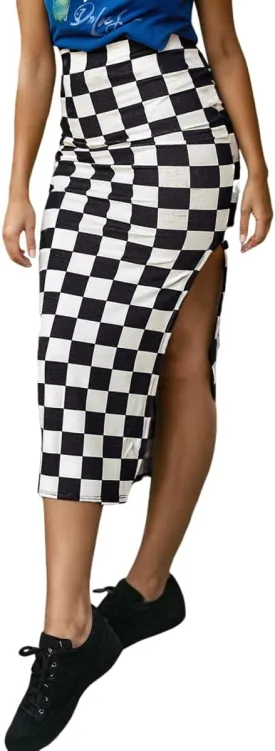 EARKOHA Checkered Slit Midi Skirt for Women Summer High Waisted Sexy Bodycon Skirts