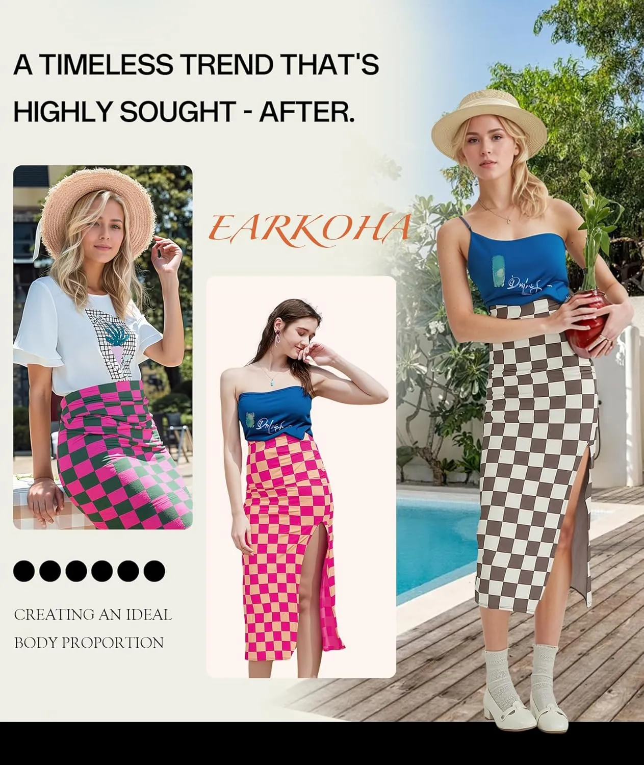 EARKOHA Checkered Slit Midi Skirt for Women Summer High Waisted Sexy Bodycon Skirts