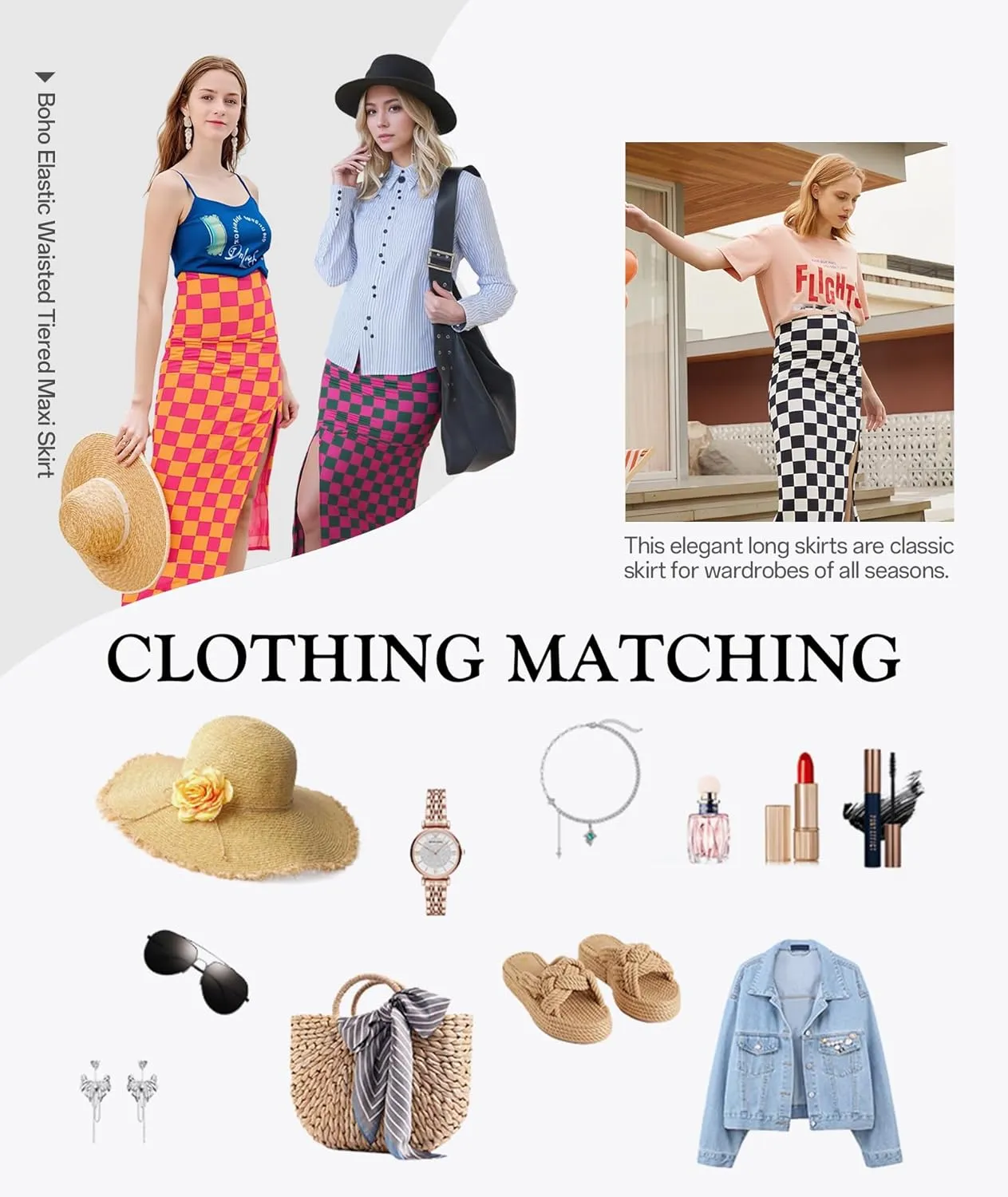 EARKOHA Checkered Slit Midi Skirt for Women Summer High Waisted Sexy Bodycon Skirts