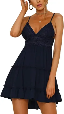 ECOWISH Summer Dresses for Women 2025 V-Neck Spaghetti Strap Bowknot Backless Sleeveless Lace Mini Swing Skater Dress