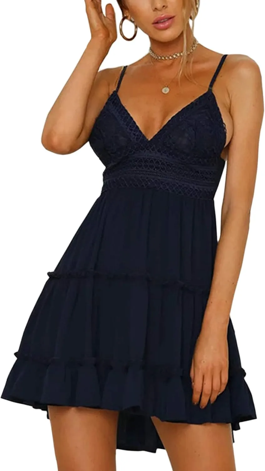 ECOWISH Summer Dresses for Women 2025 V-Neck Spaghetti Strap Bowknot Backless Sleeveless Lace Mini Swing Skater Dress