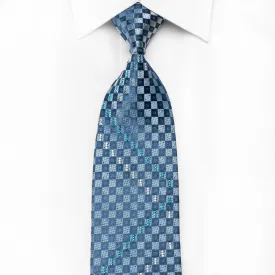 Elegance Men's Crystal Silk Necktie Blue Checkered With Silver Sparkles