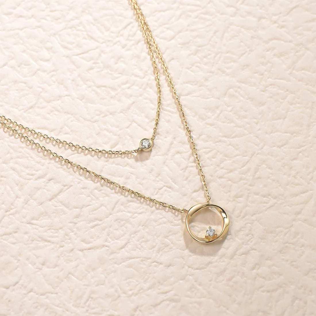 FANCIME Diamond and Circle Layered 14K Yellow Gold Necklace