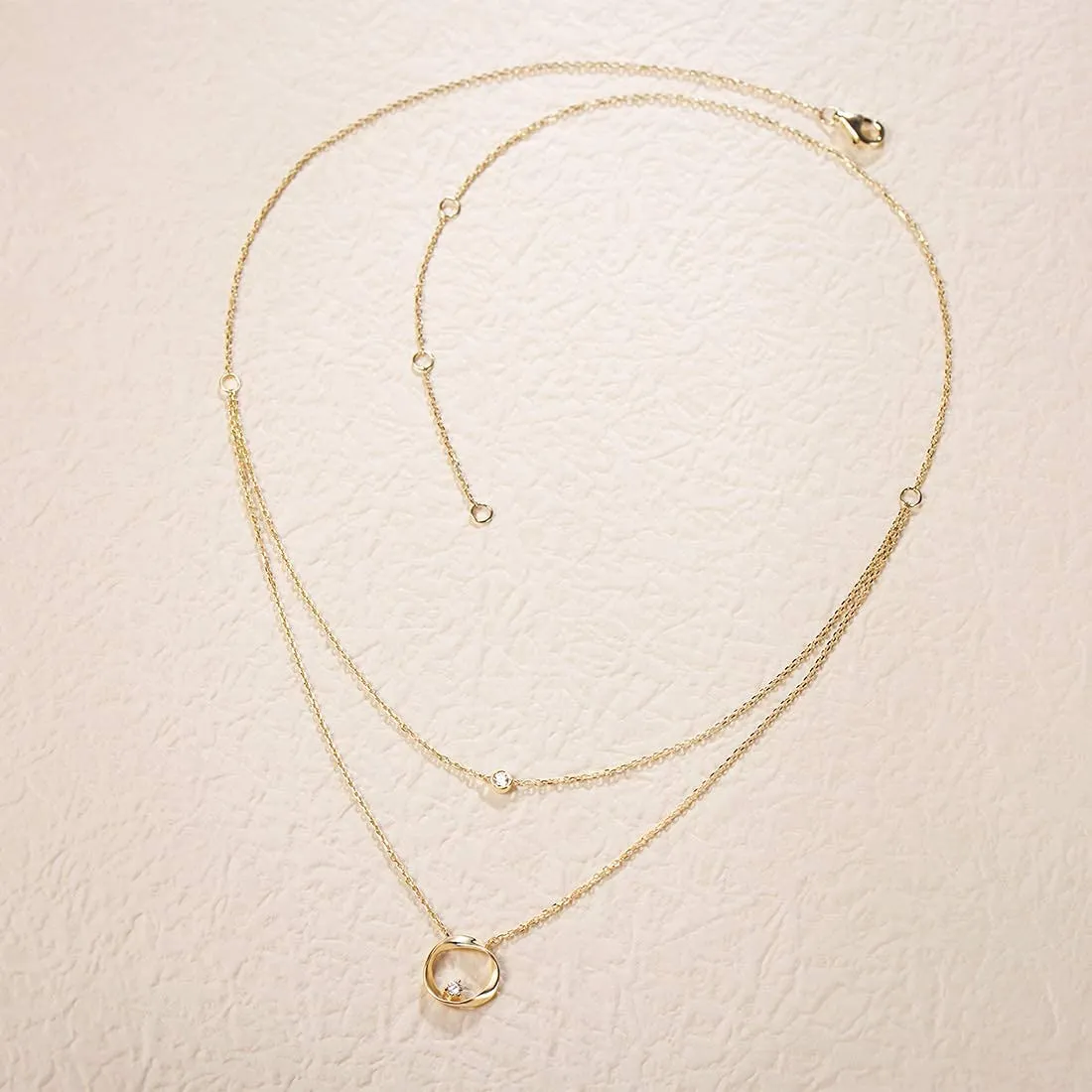 FANCIME Diamond and Circle Layered 14K Yellow Gold Necklace