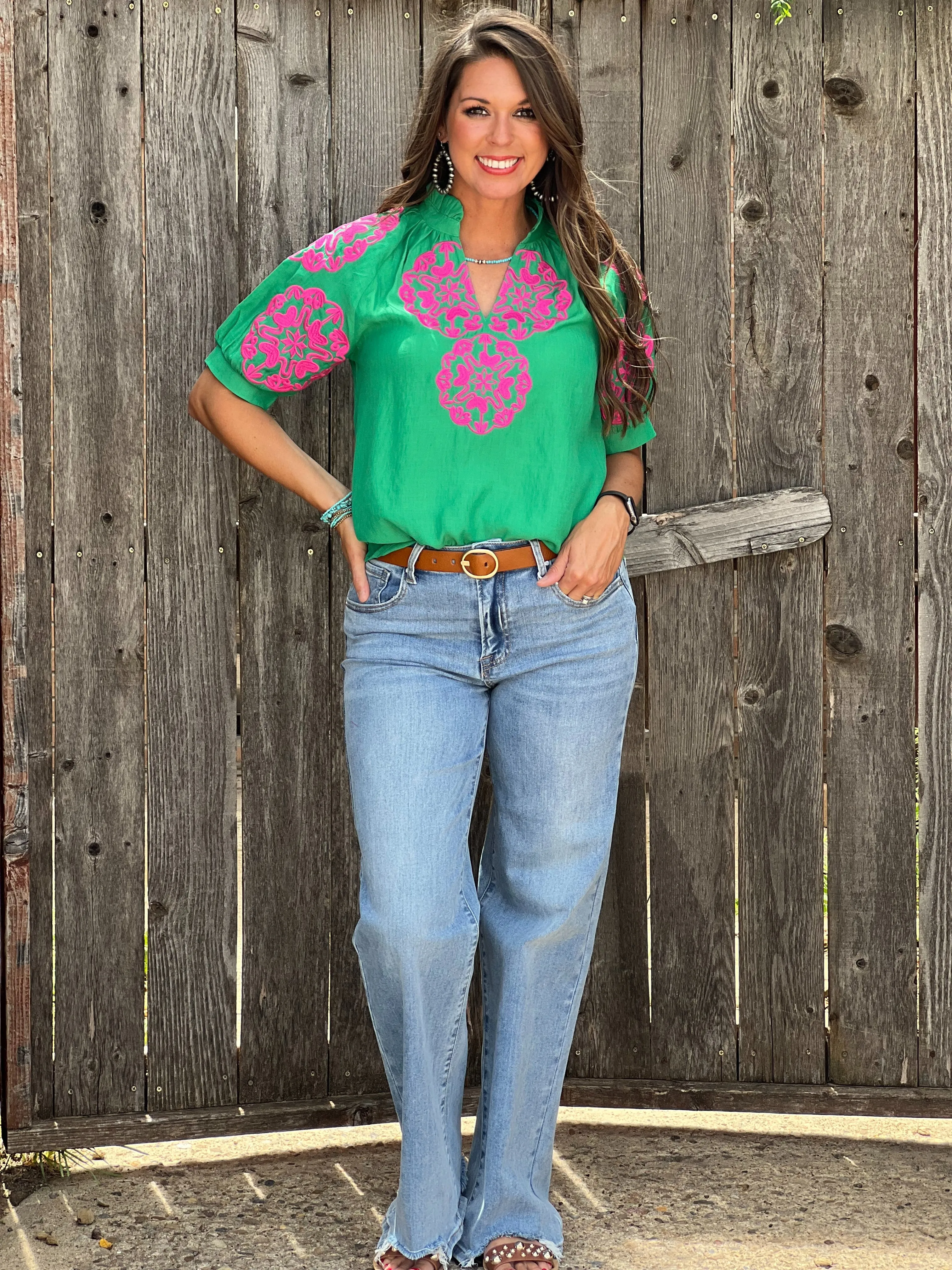 Faye Green with Pink Embroidery Blouse by THML