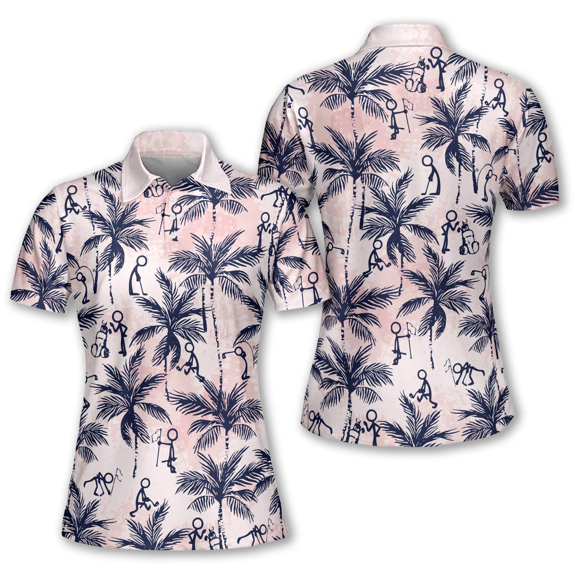 Funny Golf Stick Figures Pink Palm Tree Women Short Sleeve Polo Shirt, Sleeveless Polo Shirt