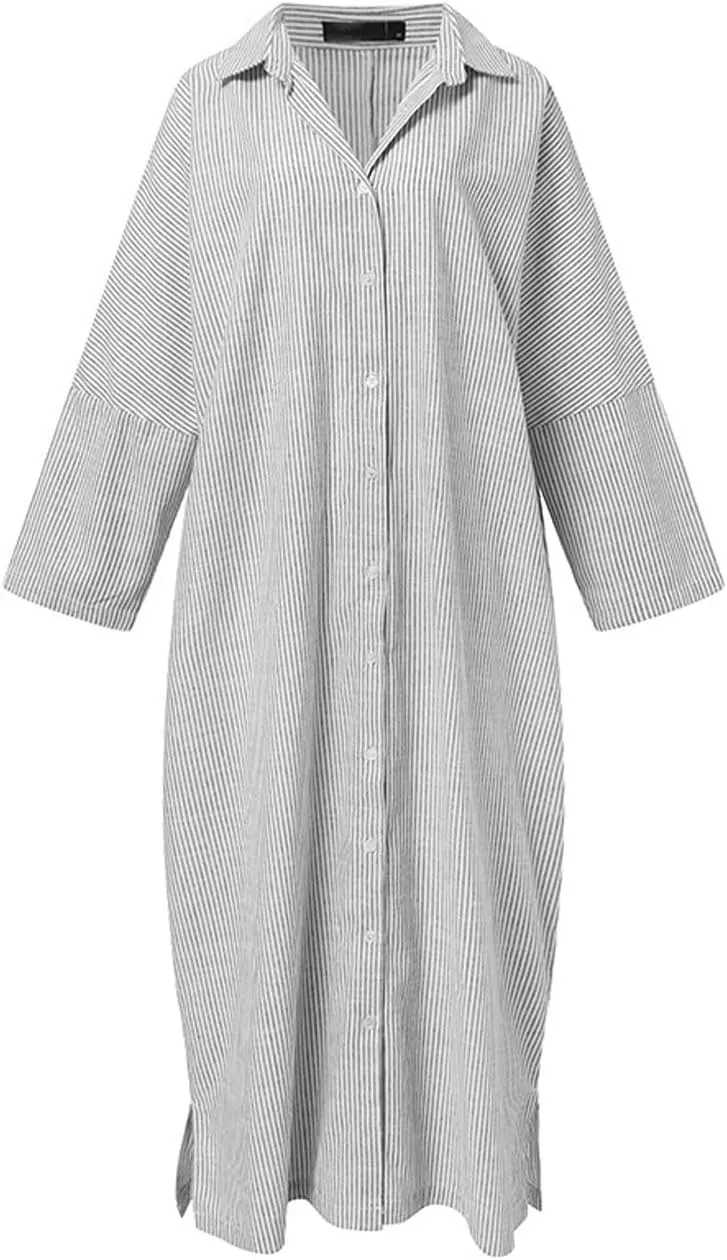 GGUHHU Womens Oversize Casual Maxi Striped Cotton Shirt Dress Loose Button Down Long Blouse Dresses