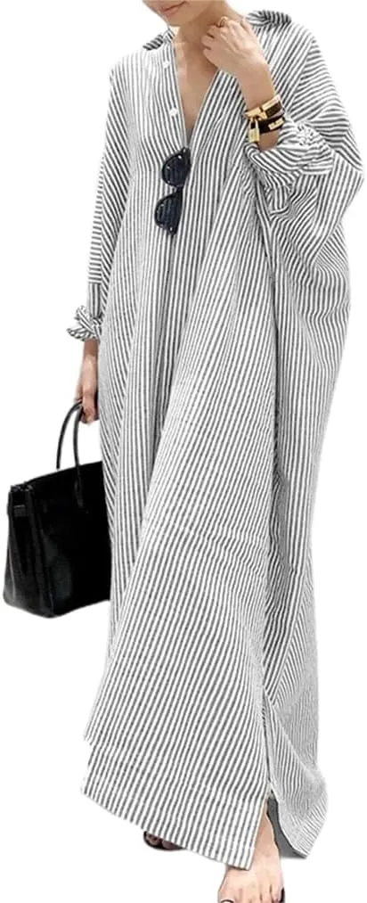 GGUHHU Womens Oversize Casual Maxi Striped Cotton Shirt Dress Loose Button Down Long Blouse Dresses
