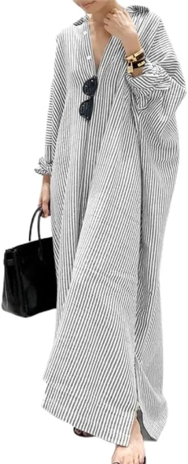 GGUHHU Womens Oversize Casual Maxi Striped Cotton Shirt Dress Loose Button Down Long Blouse Dresses
