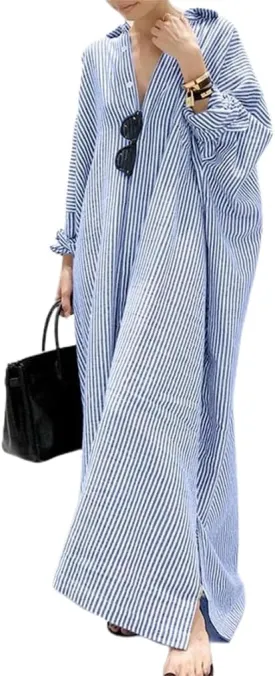 GGUHHU Womens Oversize Casual Maxi Striped Cotton Shirt Dress Loose Button Down Long Blouse Dresses