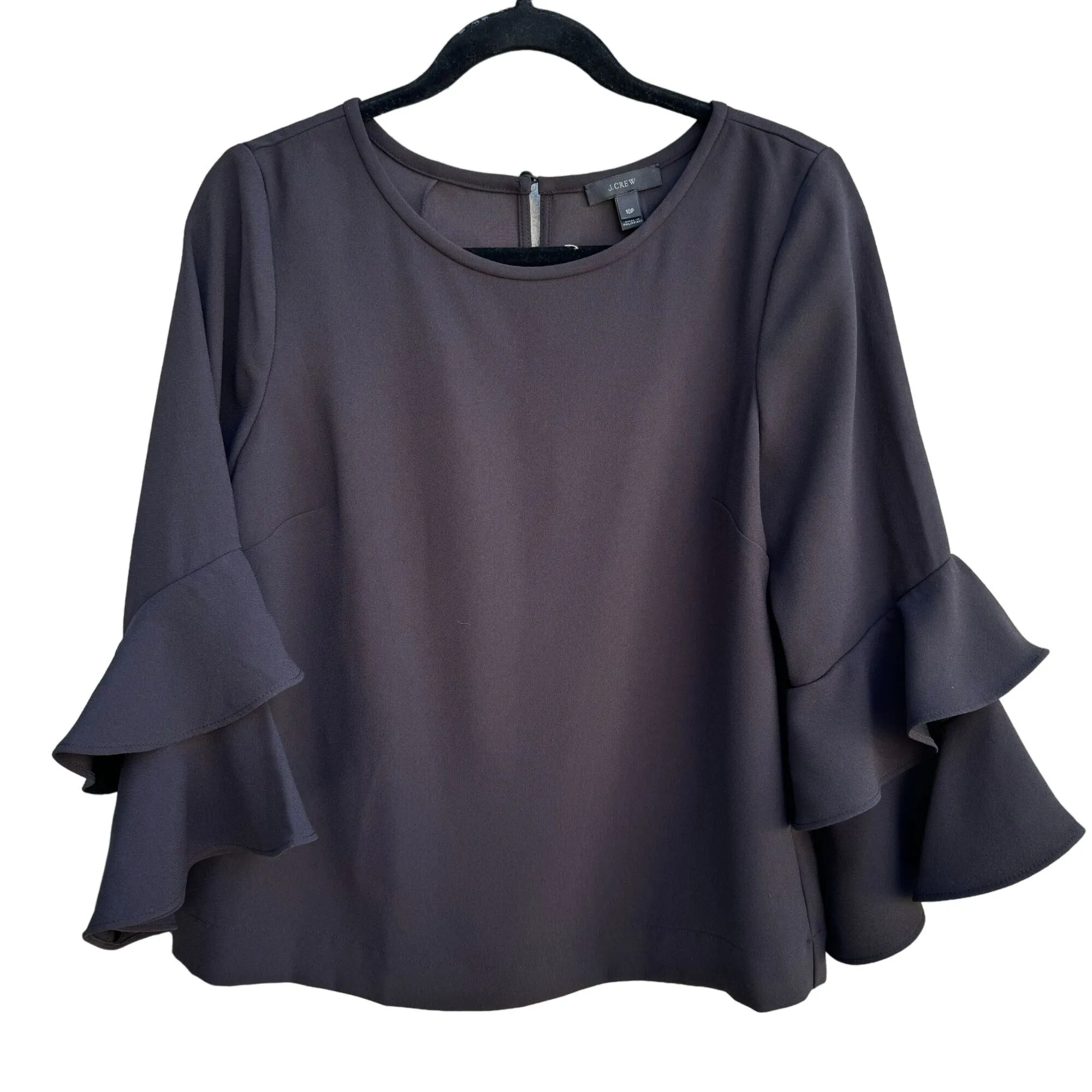 J.Crew Women's Black Tiered Bell Ruffle Sleeve Button Back Closure Blouse - 10P