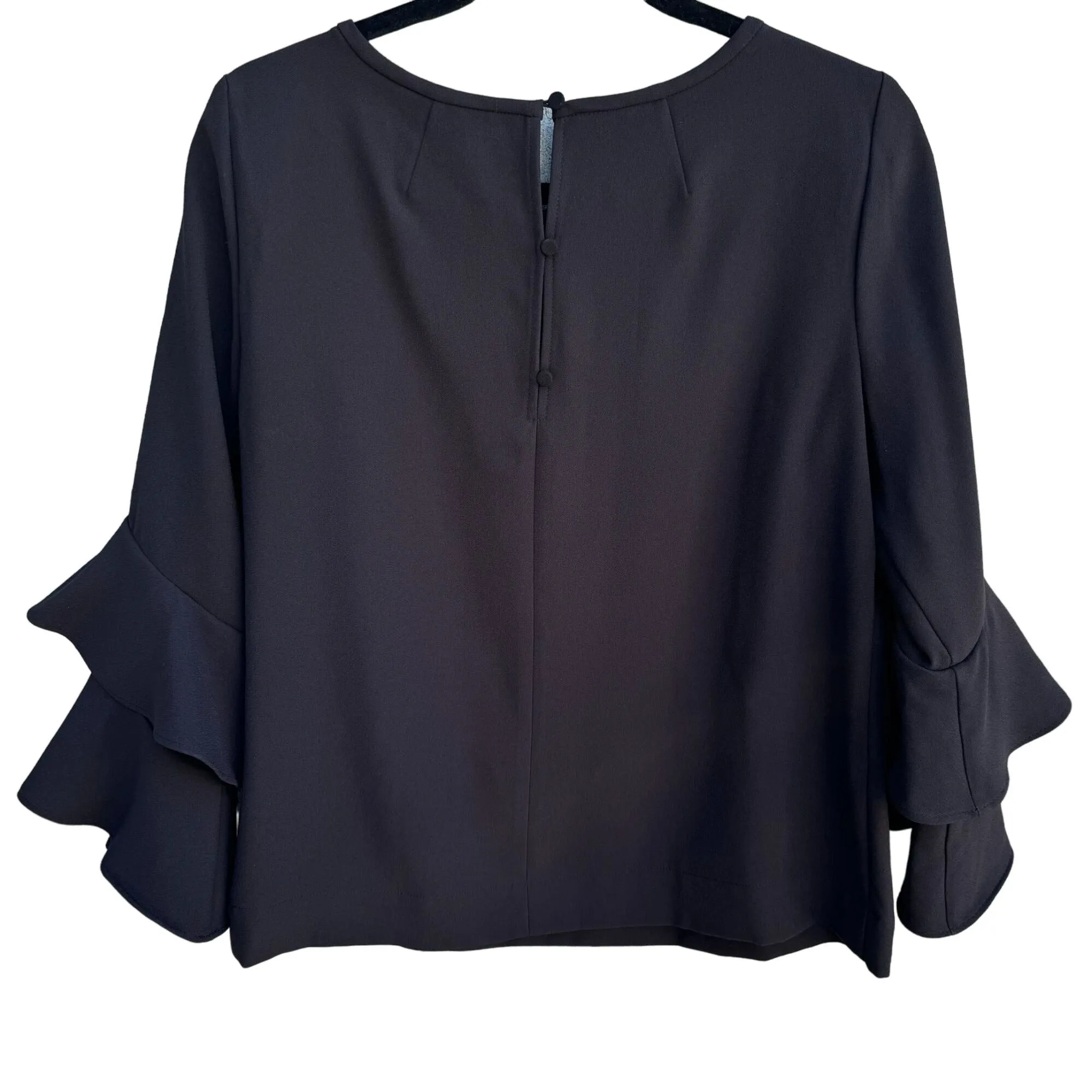 J.Crew Women's Black Tiered Bell Ruffle Sleeve Button Back Closure Blouse - 10P
