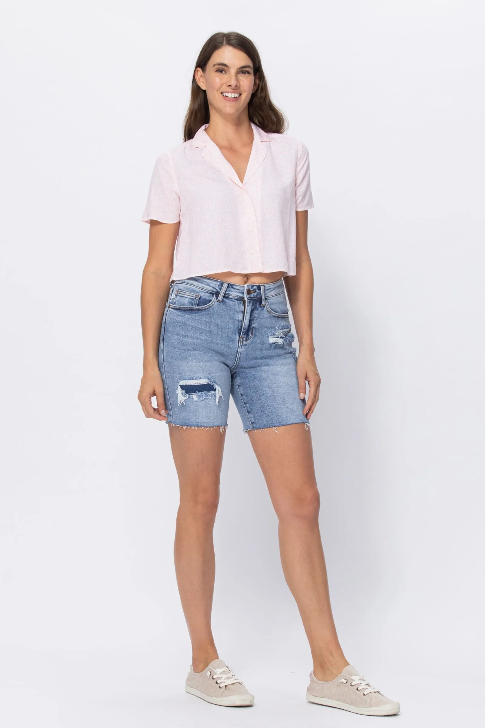 Judy Blue High Waisted Mid Length Denim Patch Shorts